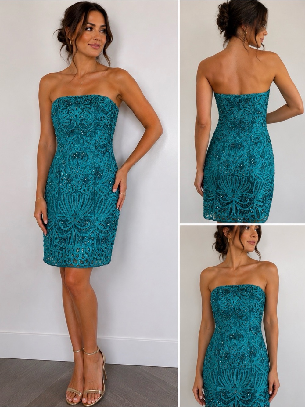 Sue Wong Nocturne Teal Beaded Soutache Strapless Dress Size 8